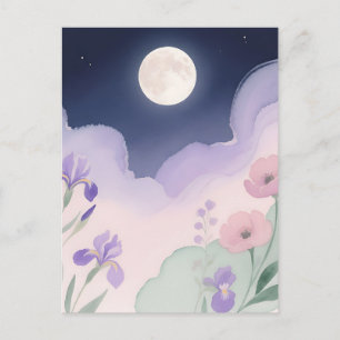 Vollmond Aquarell Iris Blumen Nacht Postkarte