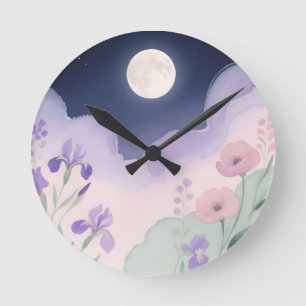 Vollmond Aquarell Iris Blumen Nacht Runde Wanduhr