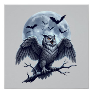 Vollmond Graue Eule mit Fledermäusen Poster