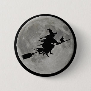 VOLLMOND-HEXE AUF BESEN Halloween-Hexe KNOPF Button