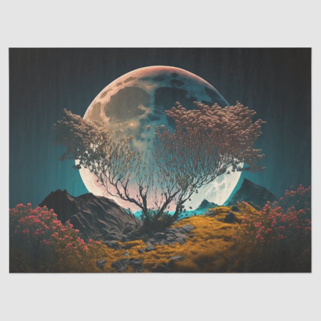 Vollmond hinter der alten Baumdekoute Seidenpapier (Vorderseite)