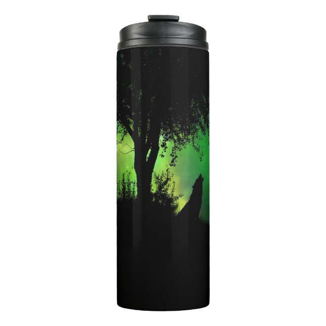 Vollmond-Howling-Wolf-Silhouette unter Baum Thermosbecher (Vorderseite)