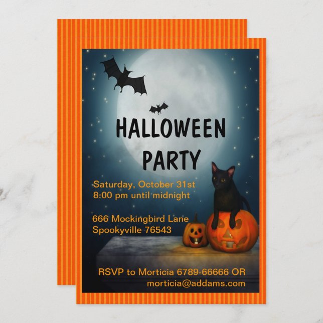 Vollmond, Katze und KürbisHalloween Einladung (Vorne/Hinten)