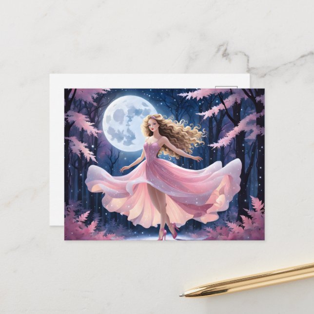 Vollmond-Mädchen in rosa Kleid Postkarte (Vorderseite/Rückseite Beispiel)