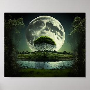 Vollmond mit Baum und Fluss Poster