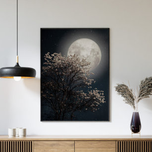 Vollmond mit blühendem Baum Poster