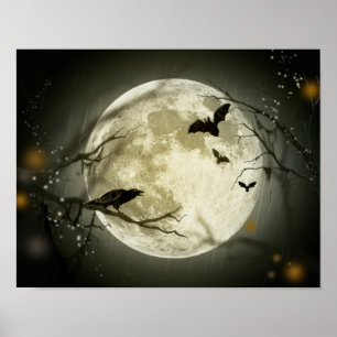 Vollmond mit Fledermäusen und Raven Poster