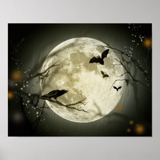 Vollmond mit Fledermäusen und Raven Poster (Vorne)