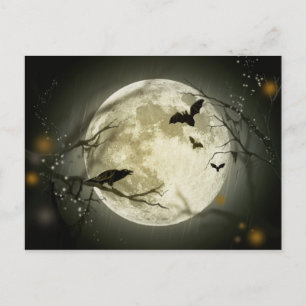 Vollmond mit Fledermäusen und Raven Postkarte