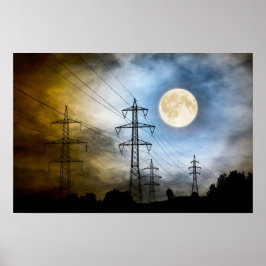 Vollmond mit Power-Türmen und -Linien Poster