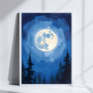 Vollmond   Nachthimmel Wald Aquarellmalerei Poster