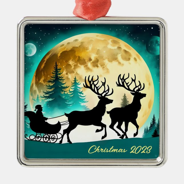Vollmond Rentier und Sleigh Ornament Aus Metall (Vorne)