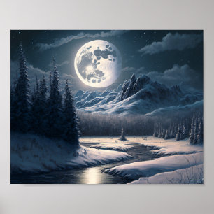 Vollmond-Schneelandschaft Poster