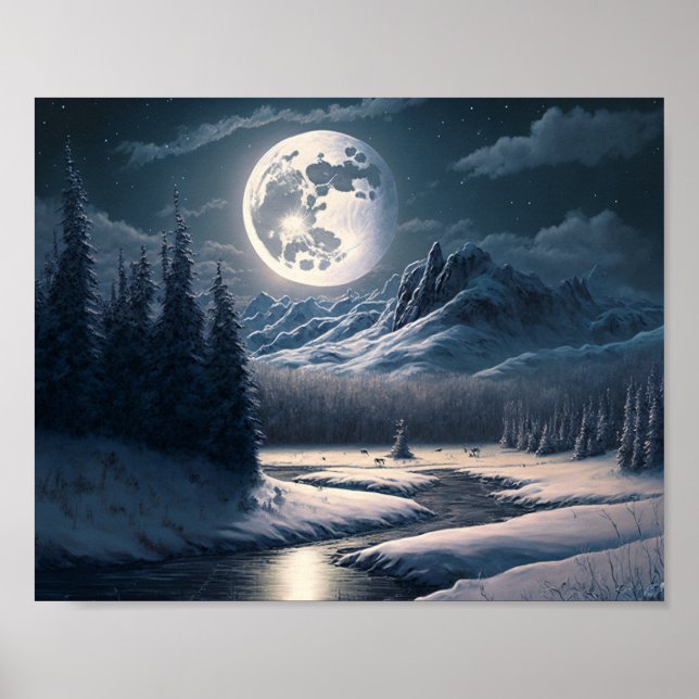 Vollmond-Schneelandschaft Poster (Vorne)