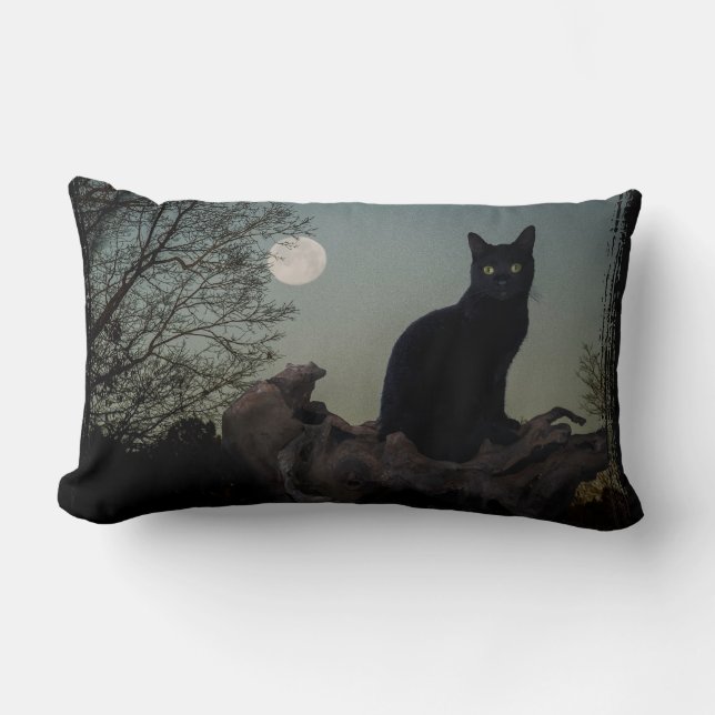 Vollmond Schwarze Katze auf einem Baum Lendenkissen (Vorderseite)