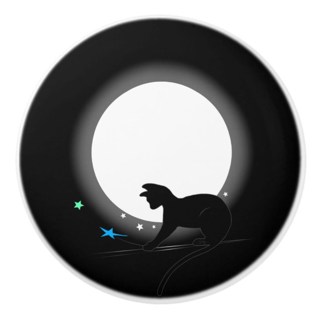Vollmond-Schwarze Katze und Sterne Keramikknauf (Vorderseite)