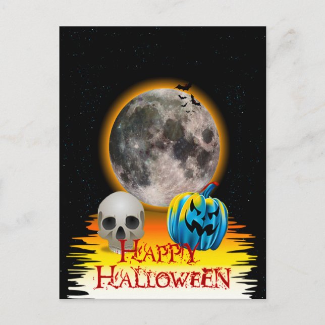 Vollmond, Skull und Blue Pumpkin am Abend. Postkarte (Vorderseite)
