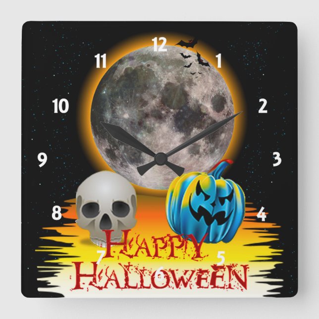 Vollmond, Skull und Blue Pumpkin am Abend. Quadratische Wanduhr (Vorderseite)