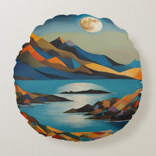 Vollmond über Berge und See Rundes Kissen