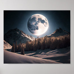 Vollmond über dem Schneeberg der Bäume Poster