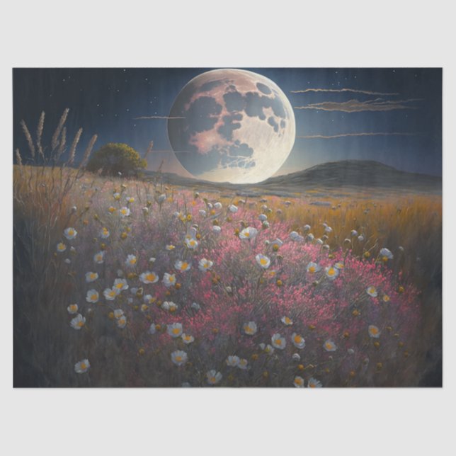 Vollmond über rosafarbenes Feld der Blume Seidenpapier (Vorderseite)