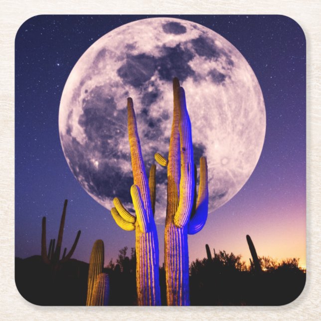 Vollmond über Saguaro-Kakteen Rechteckiger Pappuntersetzer (Vorderseite)