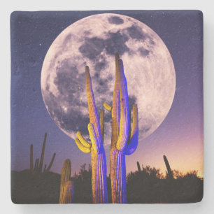 Vollmond über Saguaro-Kakteen Steinuntersetzer