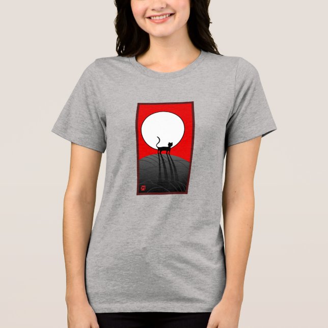 Vollmond und Katze Tri-Blend Shirt (Vorderseite)