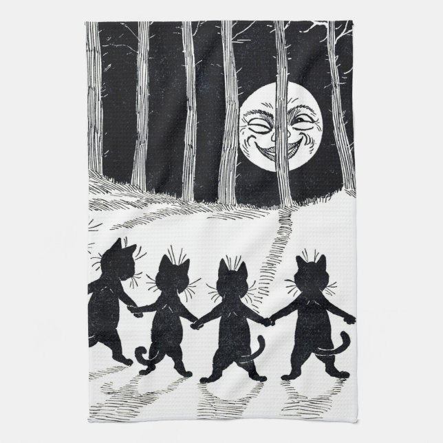 Vollmond und Katzen, Louis Wain Geschirrtuch (Vertikal)