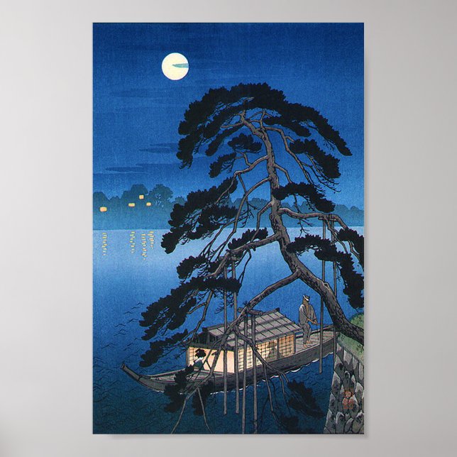 Vollmond und Pine Tree, Koho Shoda, Holzschnitt Poster (Vorne)