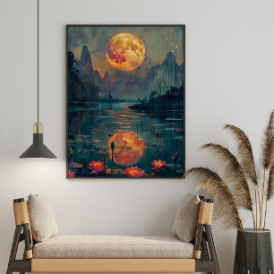 Vollmond- und Seegemälde mit Lotusblumen Poster
