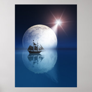 Vollmond und Stern über Schiff Poster