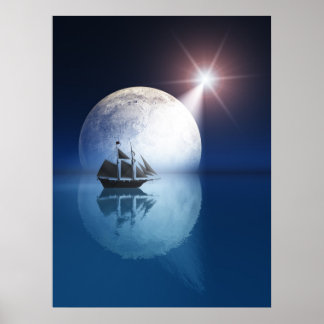 Vollmond und Stern über Schiff Poster