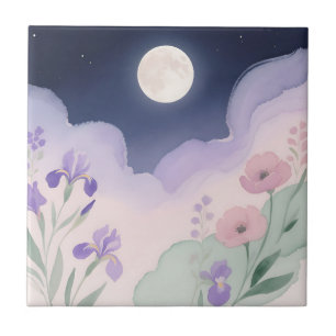 Vollmond-Wasserfarben-Iris-Blumen-Nacht Fliese