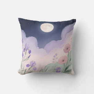 Vollmond-Wasserfarben-Iris-Blumen-Nacht Kissen