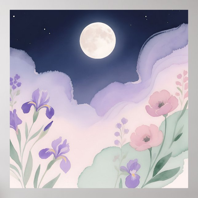 Vollmond-Wasserfarben-Iris-Blumen-Nacht Poster (Vorne)