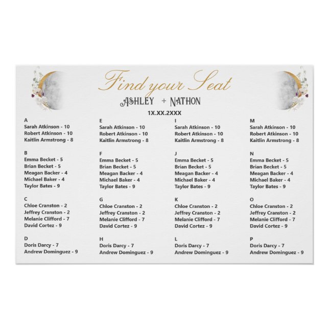 Vollmond Wildblume Gold Wasserfarben Hochzeitssitz Poster (Vorderseite)