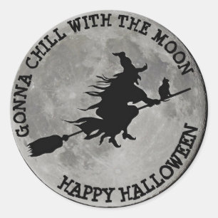 VOLLMOONWITCH AUF BROOM Halloween Hexenbügel Runder Aufkleber