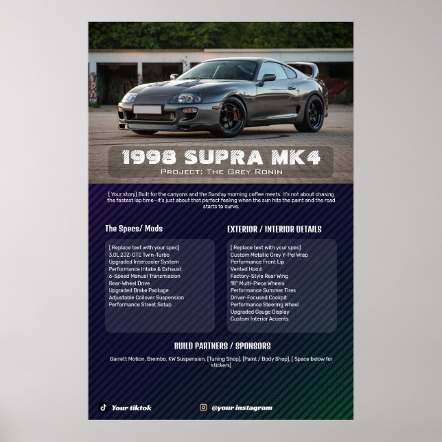 Vollständig anpassbare Car Show Spec Board Poster (Vorne)