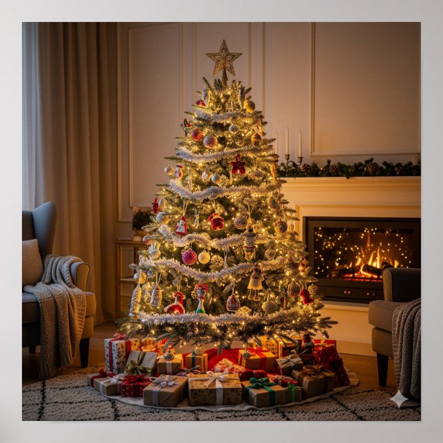 Vollständig dekorierter Weihnachtsbaum Poster (Vorne)