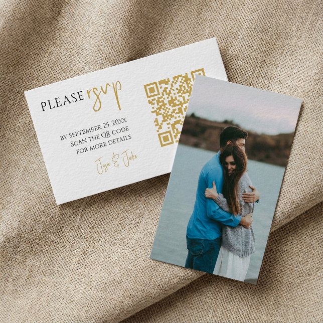 Vollständiges Foto, Gold QR-Code Weißer Hochzeitsk Begleitkarte (Full photo, gold QR code white wedding RSVP Enclosure Card.)