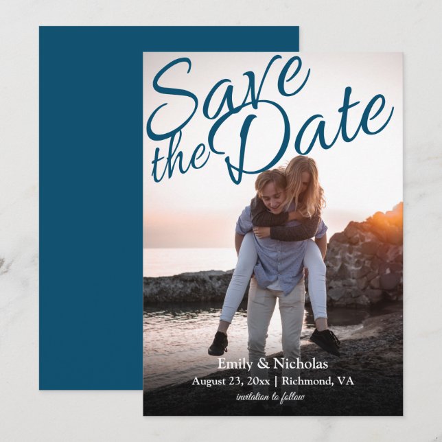 Vollständiges Foto mit 3 auf Save the Date Einladung (Vorne/Hinten)