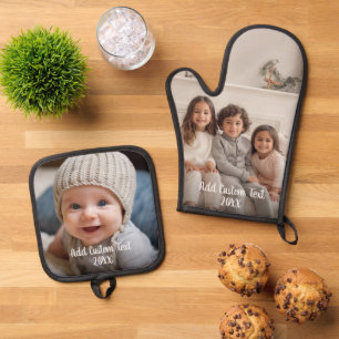 Vollständiges Foto mit benutzerdefiniertem Text in Ofenhandschuh & Topflappen-Set