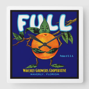 Vollständiges Orangefarbenes Kratetikett Quadratische Wanduhr