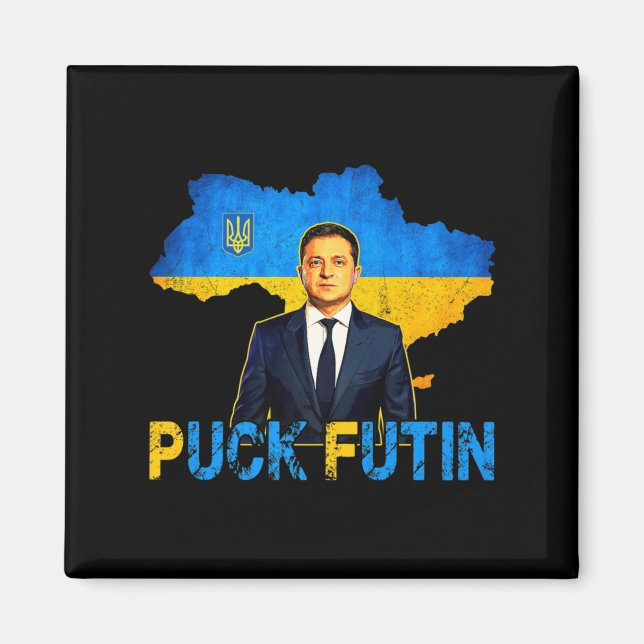 Volodymyr Zelensky Puck Futin Meme I Stand with UK Magnet (Vorne)