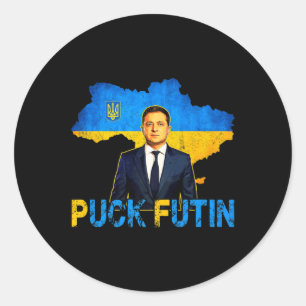 Volodymyr Zelensky Puck Futin Meme I Stand with UK Runder Aufkleber