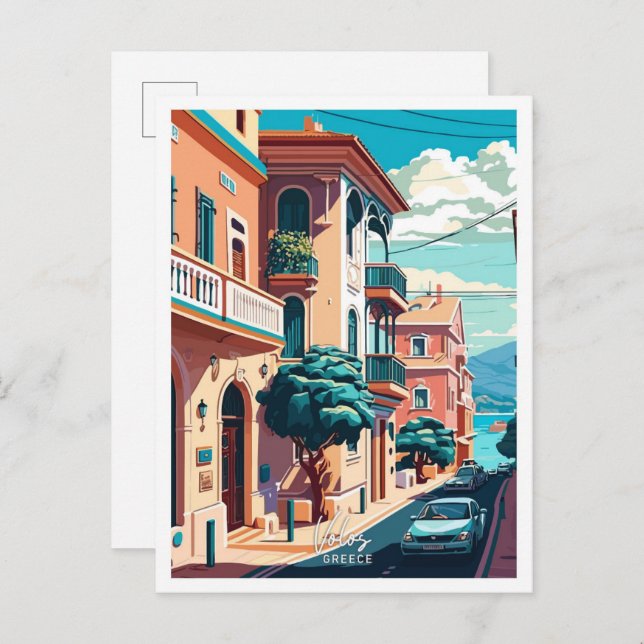 Volos Griechenland Reisen Vintage Illustration Postkarte (Vorne/Hinten)