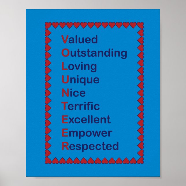 Volunteer Blue and Red Typografy Hearts Poster (Vorne)