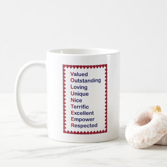 Volunteer Red Hearts Typografy Coffee Tasse (Mit Donut)