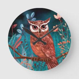 Vom Künstler handillustrierte Eule – Boho Natur Runde Wanduhr